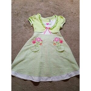 Vintage Youngland Green White Plaid Seersucker Dress Embroidered Easter Size 6X